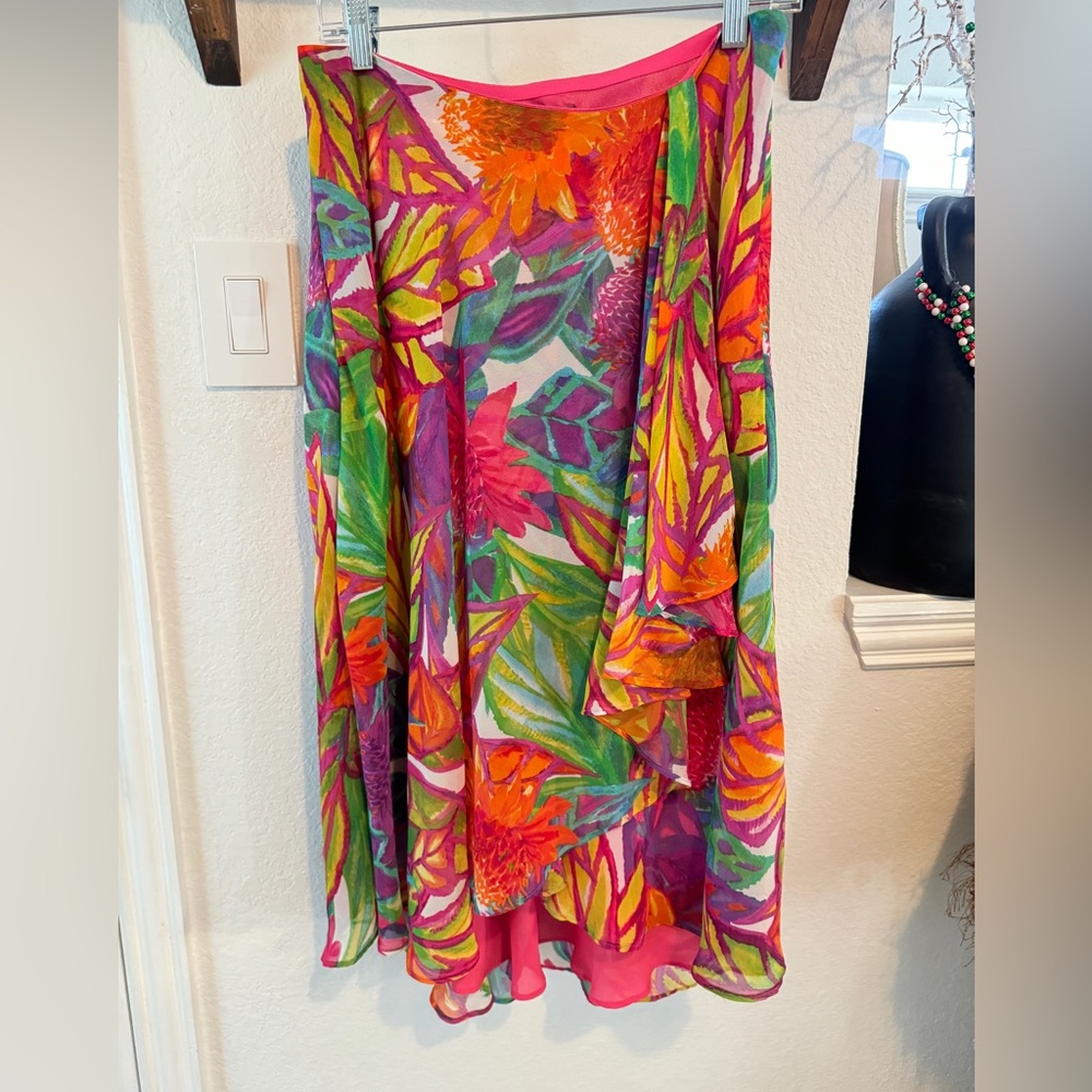 Lauren Ralph Lauren Floral Print Wrap Skirt High Low Hem Colorful Tropical 6